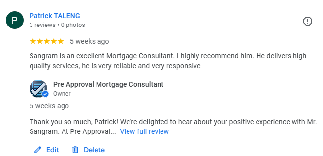 Patrick gave review on google for his home loan experience with preapproval consultant