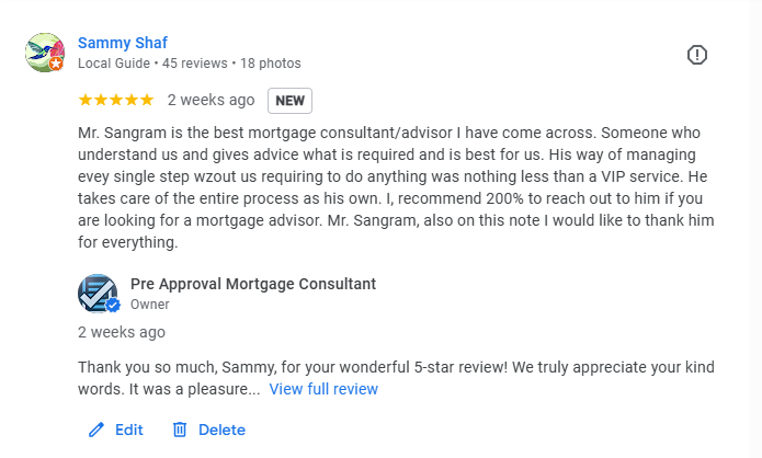 sammy gave revire on google for his home loan experience with preapproval consultant